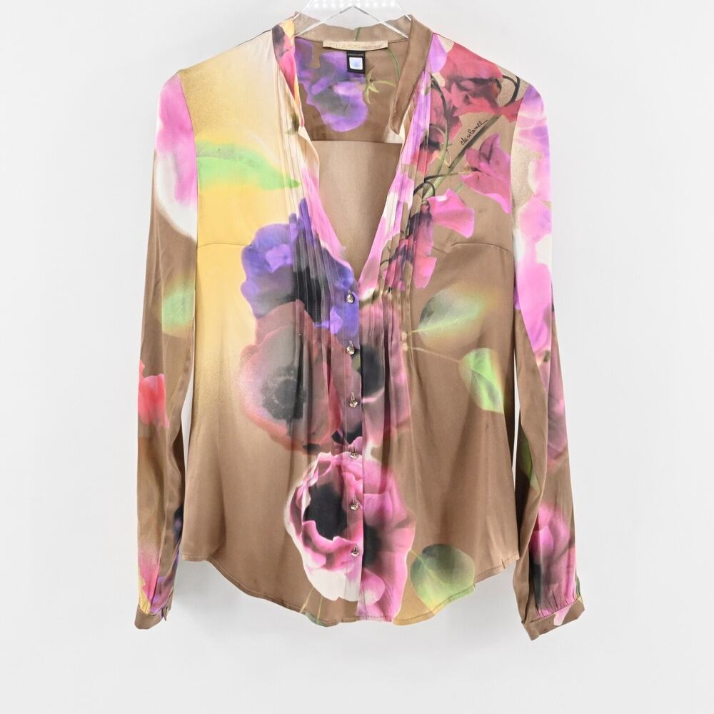 Vtg Y2k ROBERTO CAVALLI Womens Silk Top‎ Size 8 Floral Satin V Neck Button Fairy